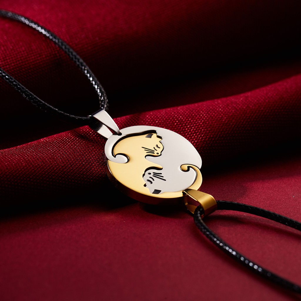 Kalung Bahan Stainless Steel Desain Kucing Yin Yang Tai Chi Warna Hitam Putih Untuk Pasangan