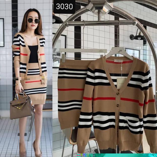 Setelan Wanita BURBERRY Cardigan Rajut + Rok import Murah Premium