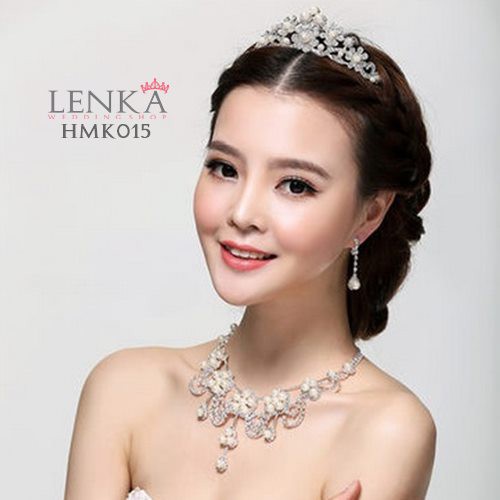 Aksesoris Mutiara Wedding Modern l Paket Crown Kalung Anting Pengantin Lenka - HMK015