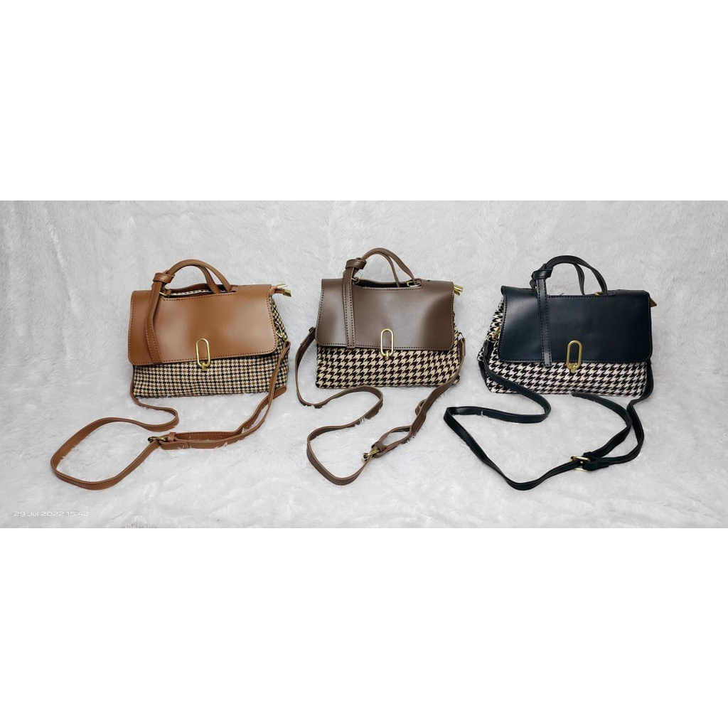 JK 962 1KG MUAT 2PCS TAS SELEMPANG WANITA FASHION IMPORT MOTIF HOUNDSTOOTH VINTAGE STYLE E6068