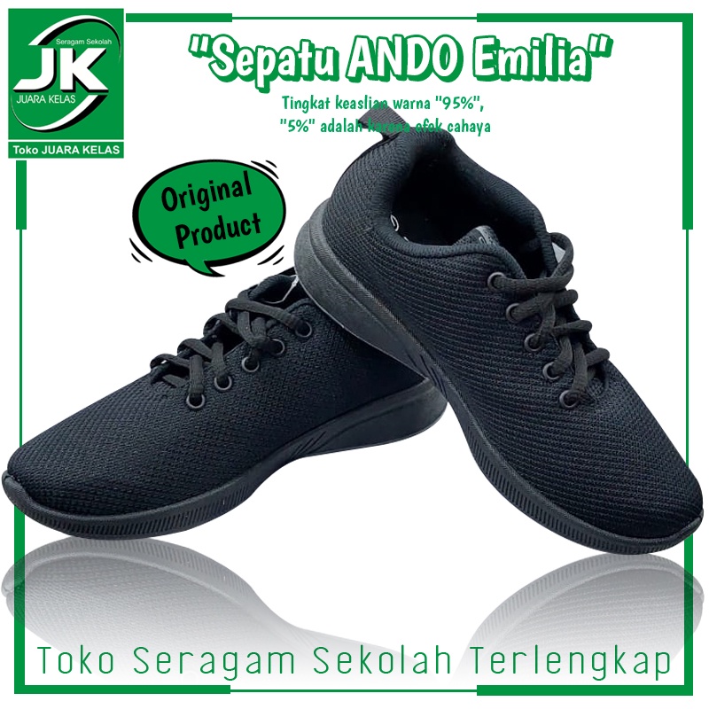 [Toko Juara Kelas] Sepatu Ando Official Sepatu Sneakers Emilia Wanita Dewasa - Hitam Polos - Sepatu 