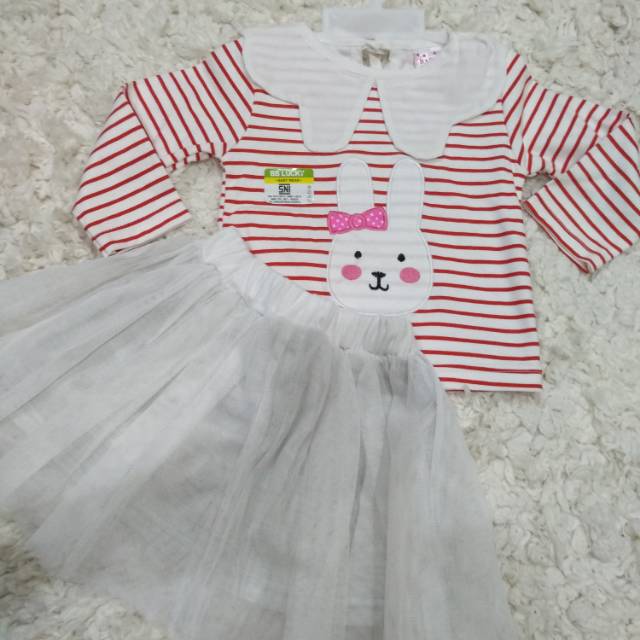 Setelan anak cewek baju dan rok tile bordir kelinci