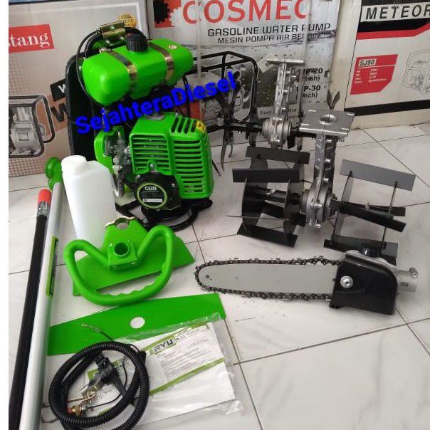 Paket( 4in1)Mesin potong rumput RYU2tak+2set Cultivatorbajak sawah+Chainsaw potong kayu/ranting