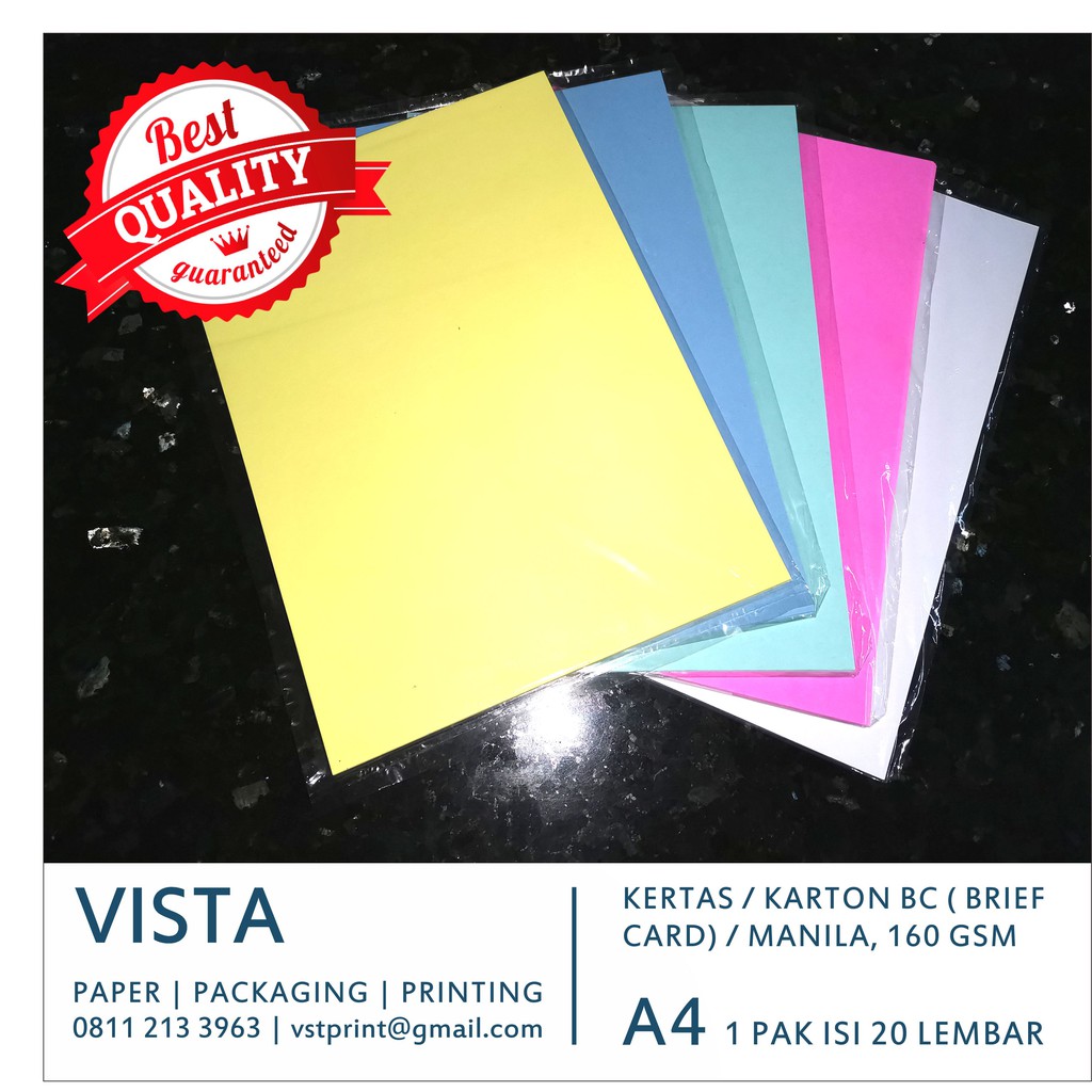 

Kertas / Karton BC (brief card) / Manila Putih dan Warna, A4, 160 Gsm