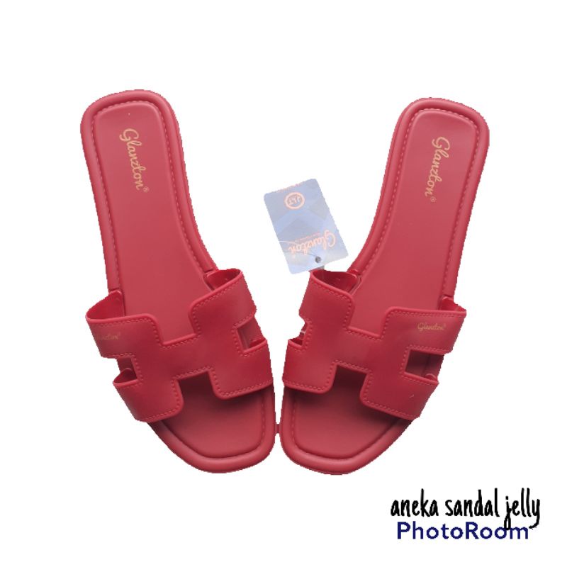 Sandal Herm flat teplek wanita jelly Karet !!! Glanzton L1838-Merah