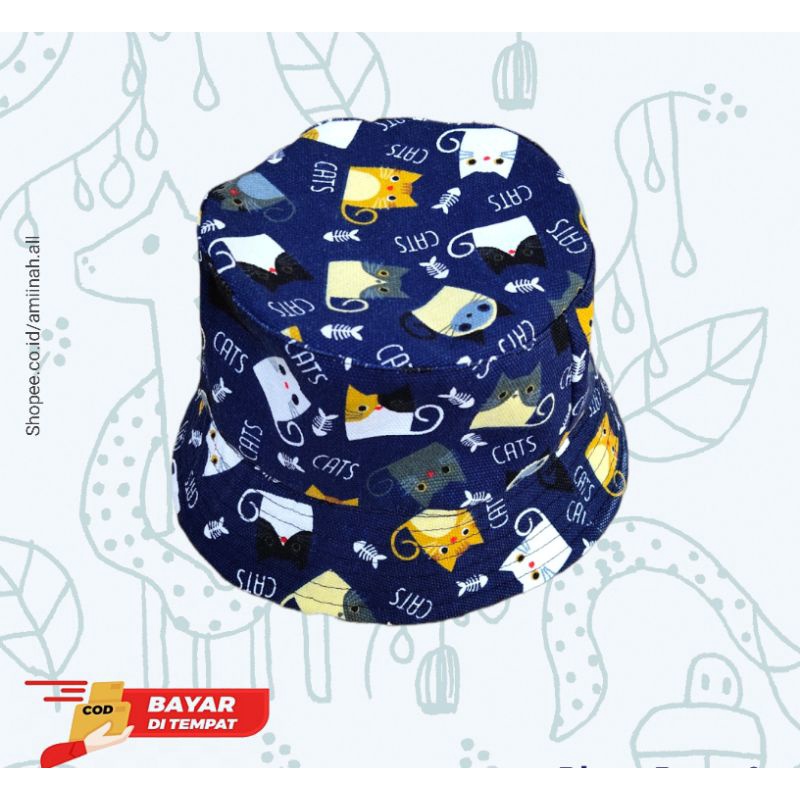 TOPI ANAK 2 SAMPE 6 TAHUN TOPI BUCKET KANVAS PRINTING MOTIF CAT NEW