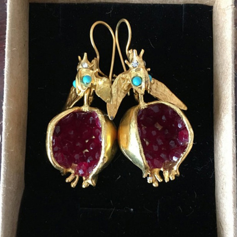 SIY  Vintage Fruit Red Pomegranate Jewelry Set Gemstone Pomegranate Pendant Earrings