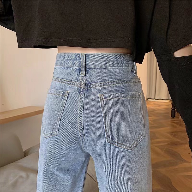 korean style new perpecahan biru high waist kekinian kulot longgar celana jeans panjang wanita