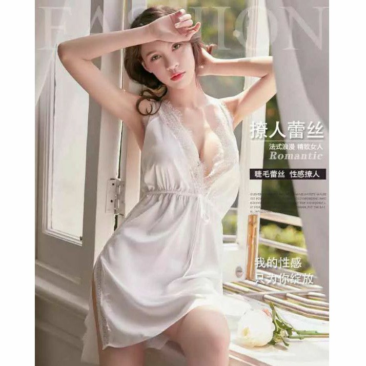 Big Size XL Lingerie Night Gown Sexy Backless Dress V neck Lace Baju Tidur Renda Satin Halus