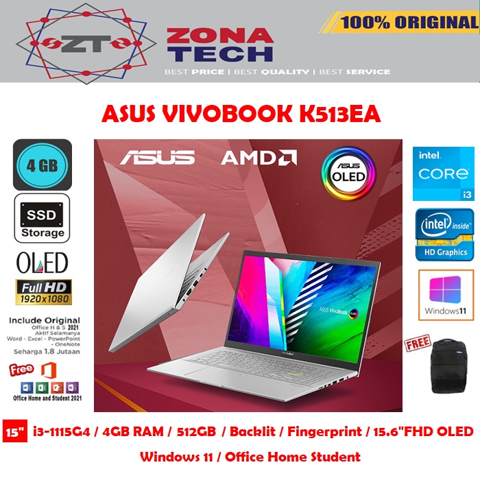 ASUS VIVOBOOK K513EA - i3-1115G4 - 4GB - 512GB SSD - BACKLIT KB - FINGERPRINT - 15.6&quot;&quot;FHD OLED - WIN11 - OHS