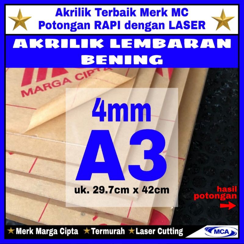 AKRILIK lembaran 4mm uk. A3 / Akrilik bening / Marga cipta / Acrylic