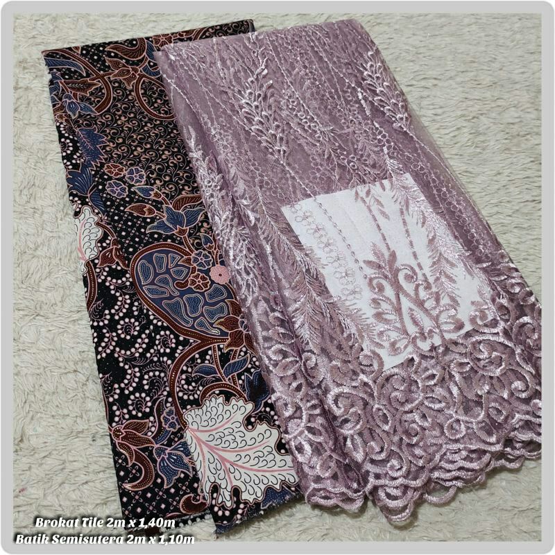 Set Brokat Tile & Batik Semi Sutra,Bahan Kebaya Set,bakal brokat tile, set kebaya wisuda,kebaya akad