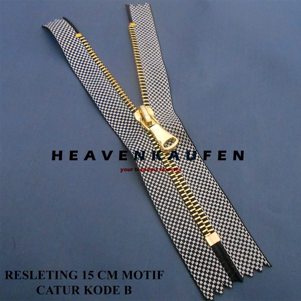 Resleting / Zipper 15 cm Kain Motif Kotak Catur Gigi Gold Emas Kode B Harga Per Biji