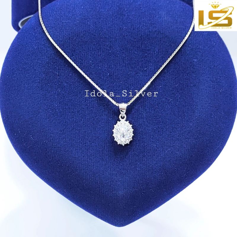 KALUNG PERAK ASLI SILVER WANITA 925 LAPIS EMAS PUTIH MODEL LIONTIN OVAL PERMATA BIRU, PUTIH - PERHIASAN PERAK ASLI