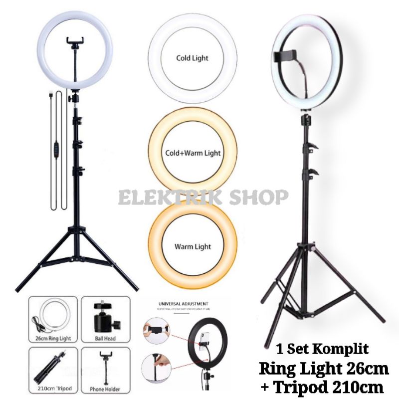 PAKET KOMPLIT RING LIGHT 26CM + TRIPOD 2,1 METER VLOG MAKE UP