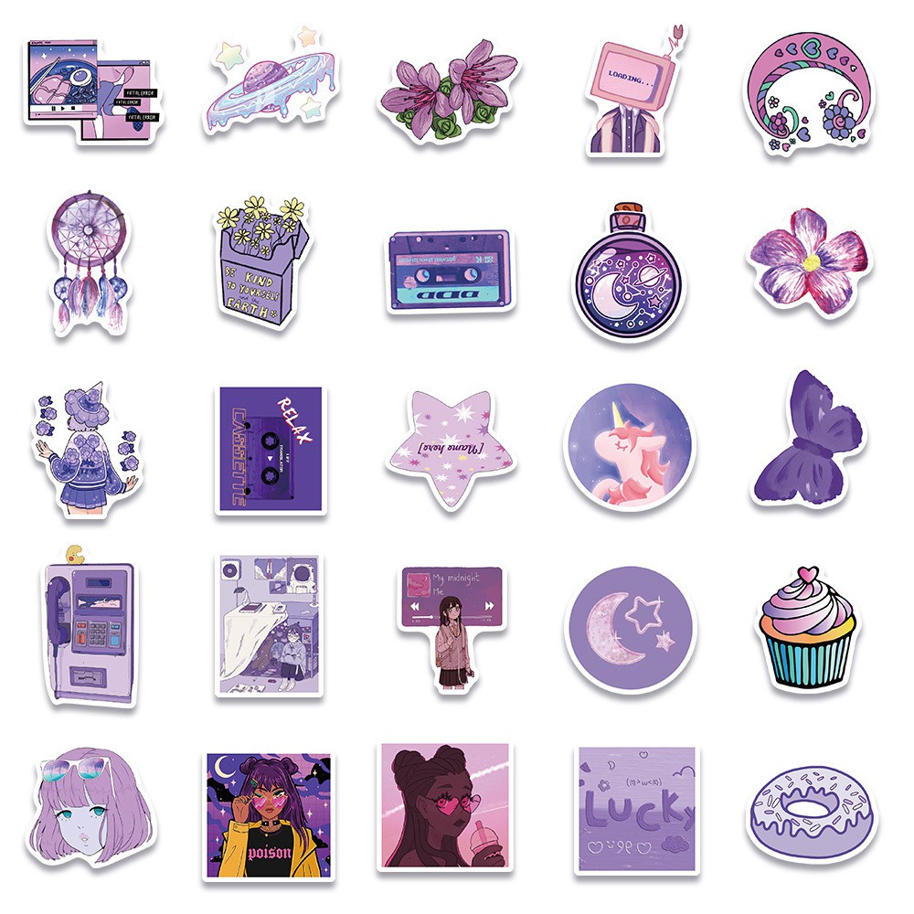 【COD Tangding】50pcs/set Purple Cute Girl Cartoon Hand Account Stickers INS Laptop Suitcase Waterproof Stickers