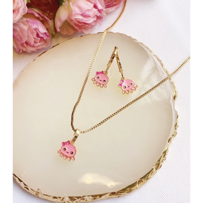 Set Perhiasan Anak Cute Pink Squid ( Kalung + Sepasang Anting)