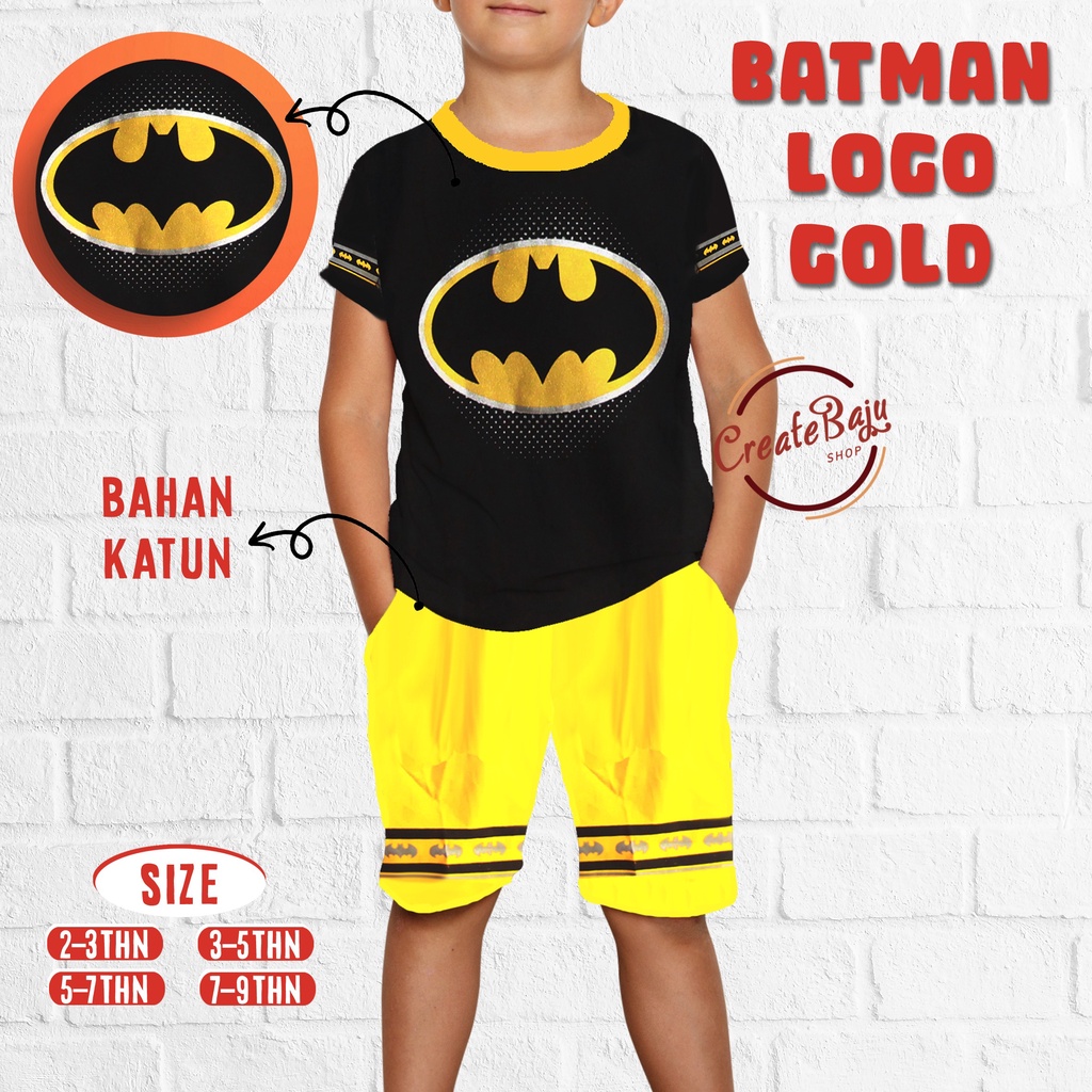 Setelan Anak Laki-Laki Hayami 2-7 Thn Motif Batman Baju Anak Laki Lengan Pendek Bahan Katun-Batman Logo Gold