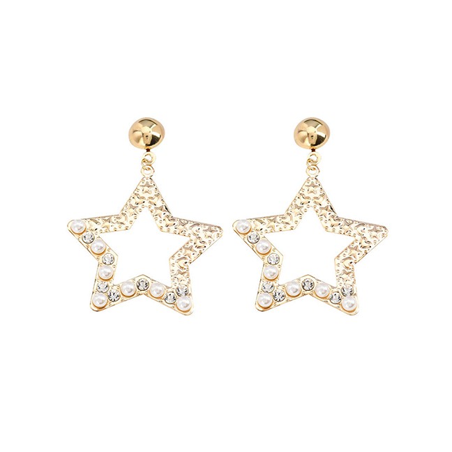 LRC Anting Tusuk Fashion Golden Pentagram Alloy Acrylic Diamond Earrings K10050