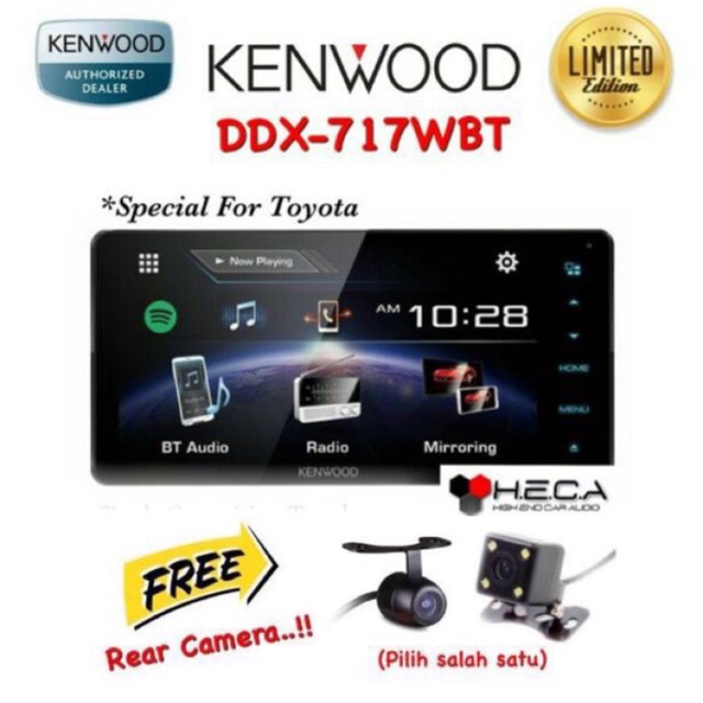 Paket Kenwood DDX-717WBT Head Unit Double Din Tape Mobil DDX 717WBT Audio For Toyota & Camera HD CCD