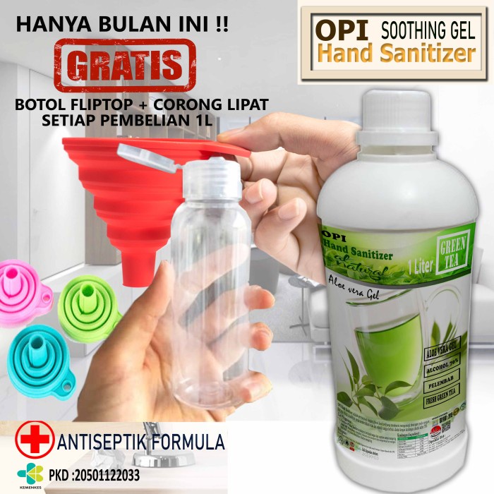 Hand Sanitizer Gel 1 Liter Green tea dll bonus Botol dan Corong cantik Promo berlaku hanya bulan ini saja, ayo buruan sebelum habis periode promo sudah ada izin edar resmi by Oke sabun suplayer