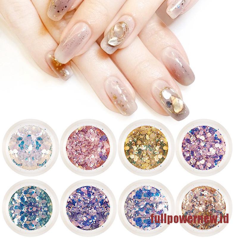 Set Botol Bubuk Glitter Holografik Bentuk Hexagon Warna Emas Untuk Nail Art