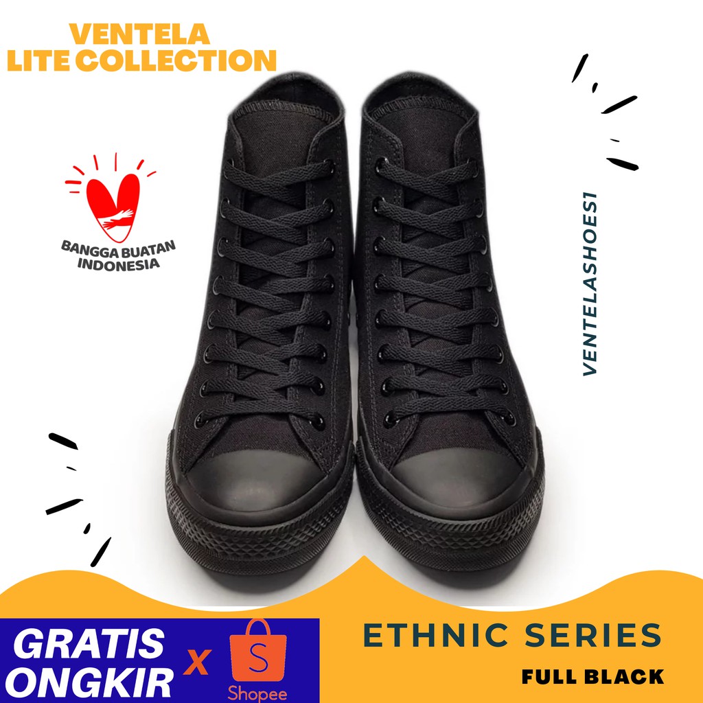Sepatu Sekolah Pria Wanita Hitam Polos Cewek Cowok Ventela Ethnic High Vantela Murah Original 100%