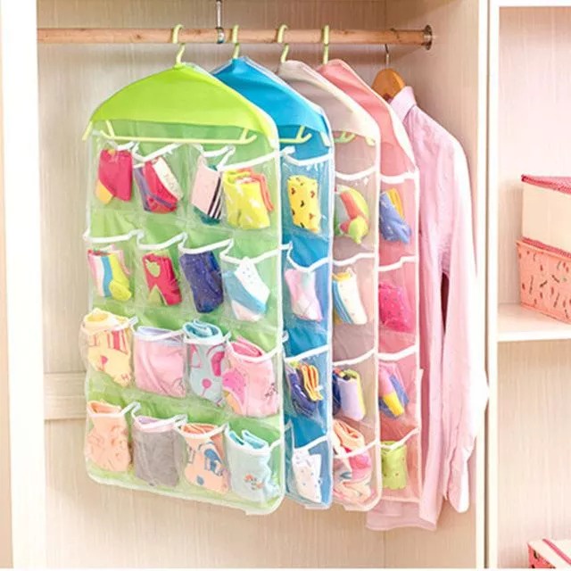 Gantungan 16 Kantong Lipat Lemari Gantung Tas Penyimpanan Kaus Kaki Celana Sepatu Celana Pakaian Hanger Closet Organizer Tas - Korean Underware Pouch