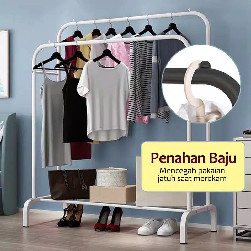 Stand Hanger Gawang Besi Kuat Putih Hitam Butik Display Gawangan Gantungan Baju BESI KOKOH Stand Cloth Double Rack Gawang Baju Stand Cloth Hanger Double Gantungan Baju Stand Hanger Gawang Double Rack BISA COD