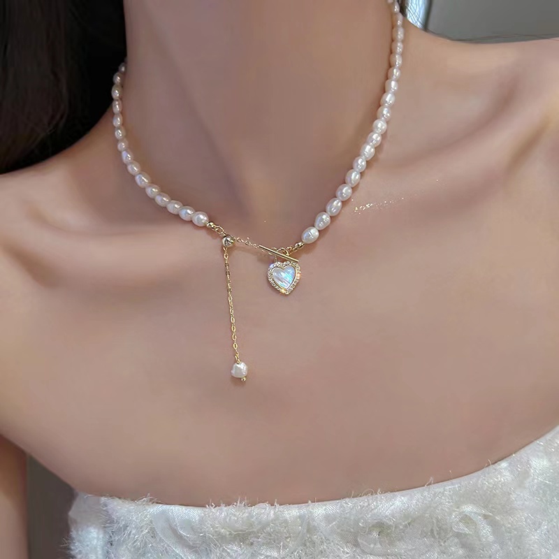 AY(CN) Kalung Rantai Klavikula Ganda Liontin Hati Tulip Minyak Mutiara Gaya Korea Elegan Untuk Aksesoris Perhiasan