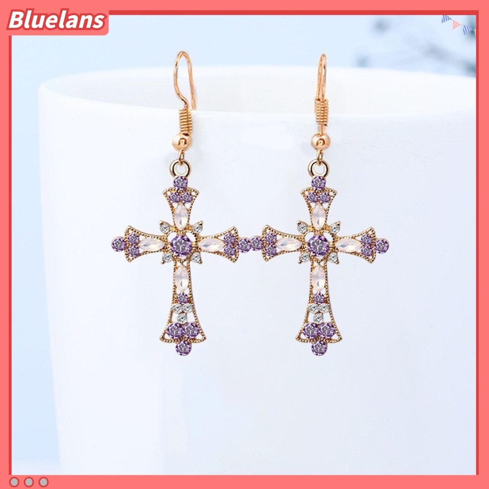 Bluelans Women Rhinestone Inlaid Cross Pendant Chain Necklace Hook Earrings Jewelry Set