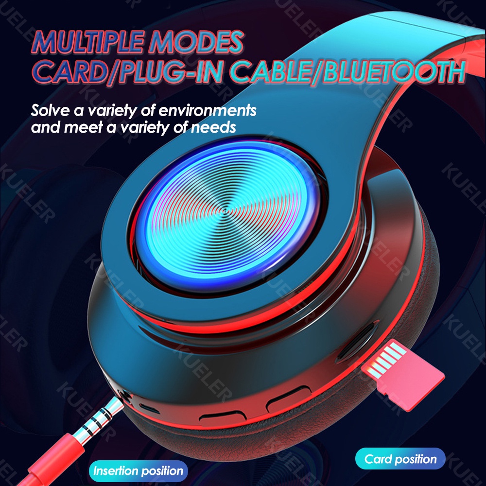 Lampu LED Warna-warni B39 Headset Bluetooth HiFi Stereo Headphone Bluetooth dengan Mikrofon Mendukung Panggilan HD Kartu SD AUX Earphone Bluetooth