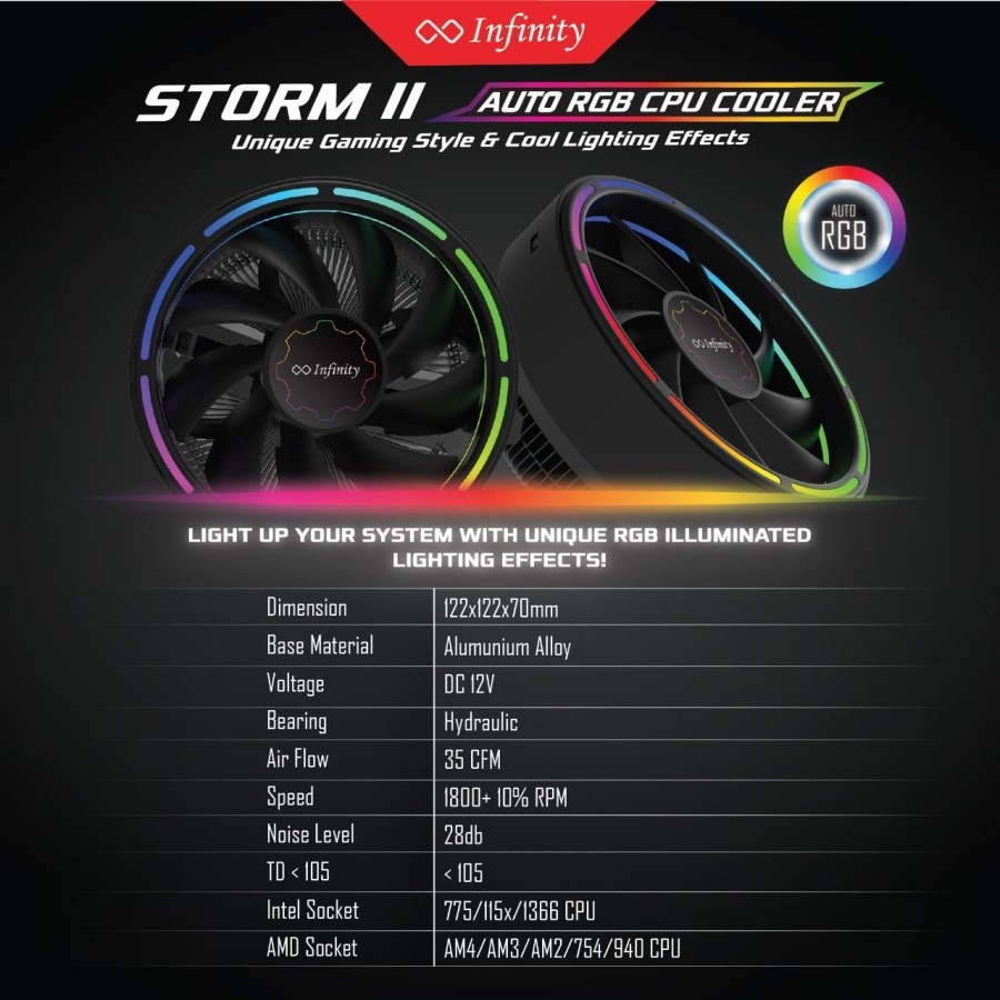 Cpu Cooling Infinity Storm II Auto RGB - CPU Cooler RGB Storm II Infinity - LGA115X/LGA775/AMD AM4/3