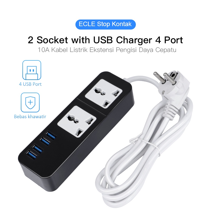 Safety Stop Kontak/Power Strip 2 Soket +4 Smart USB Port Universal Hitam/Putih