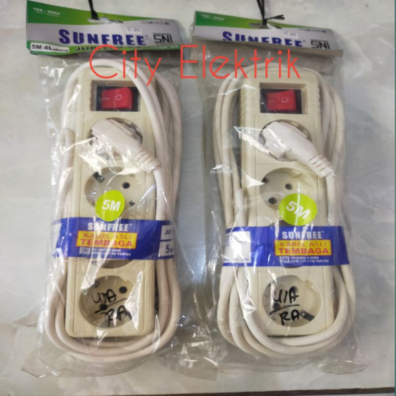 Stop Kontak Jadi 5 Meter 4 Lubang Saklar Sunfree Kabel Asli Tembaga