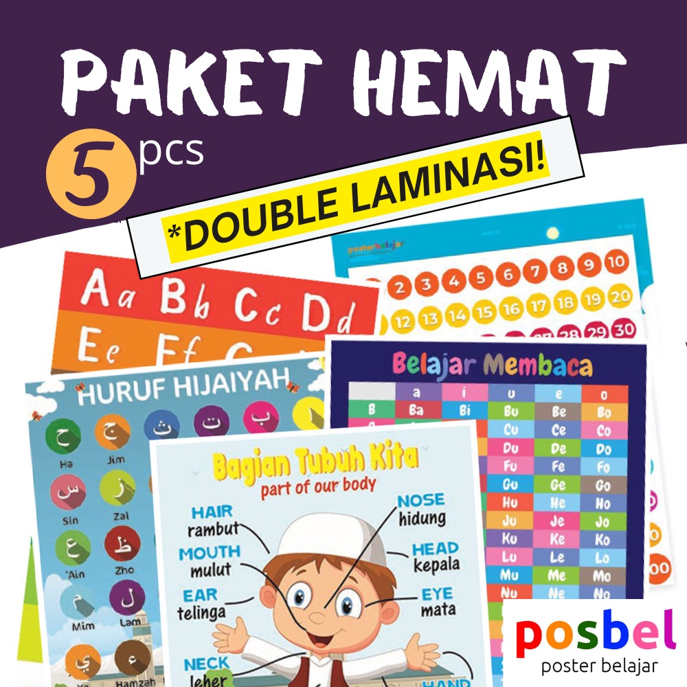 Paket Poster Anggota Tubuh Huruf Alphabet Hijaiyah Angka Belajar Membaca 5pcs