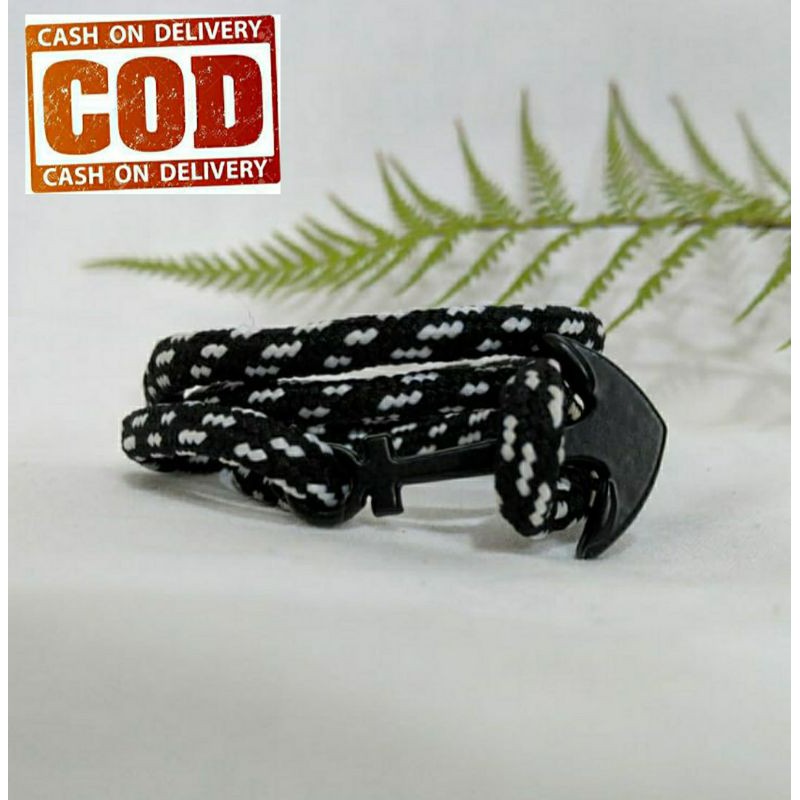 Gelang Jangkar Tali Hitam Motif Garis Putih - Gelang Pria