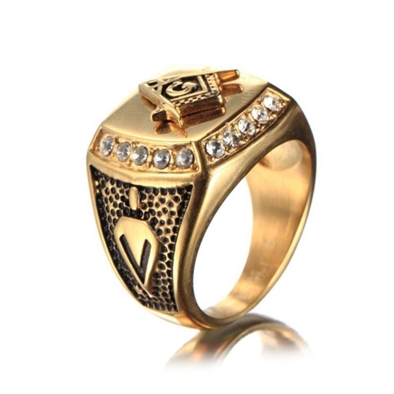 SEUSUK  Crystal Embedding Gold Masonic Ring High Polished Titanium Steel Jewelry