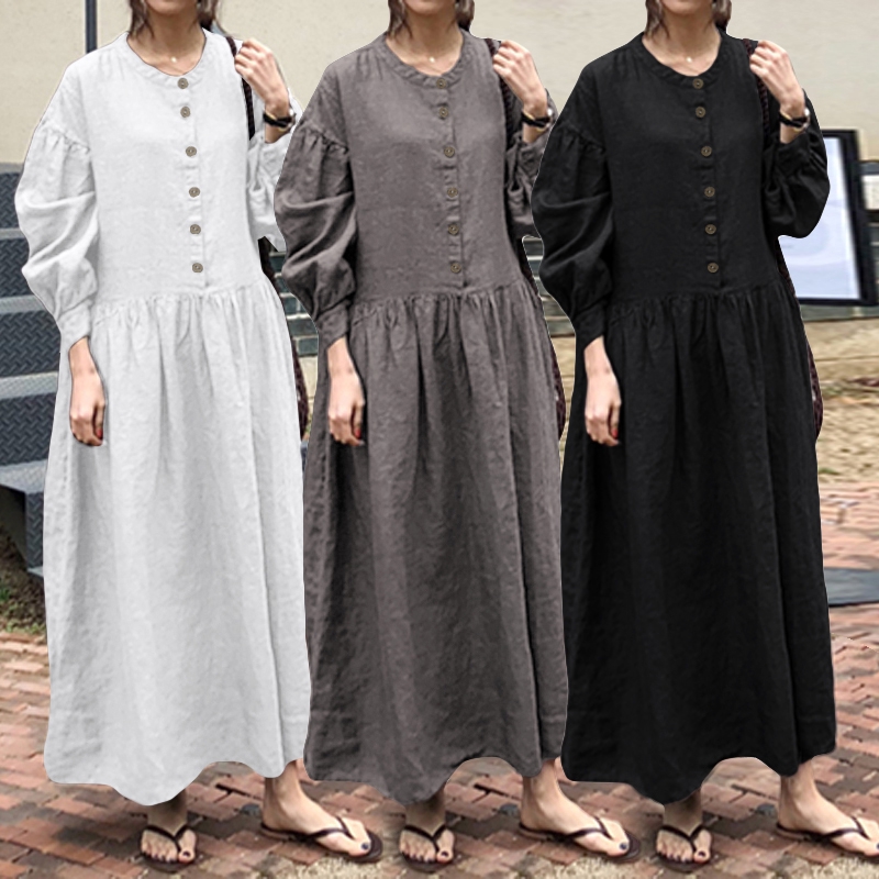 Women Solid Sleeveless O-Neck Maxi Buttons Cotton Loose Baggy Kaftan Long Dress