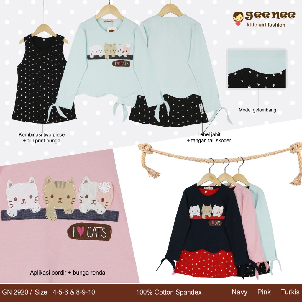 Kaos anak perempuan geenee tiga warna model 3 kucing tangan panjang