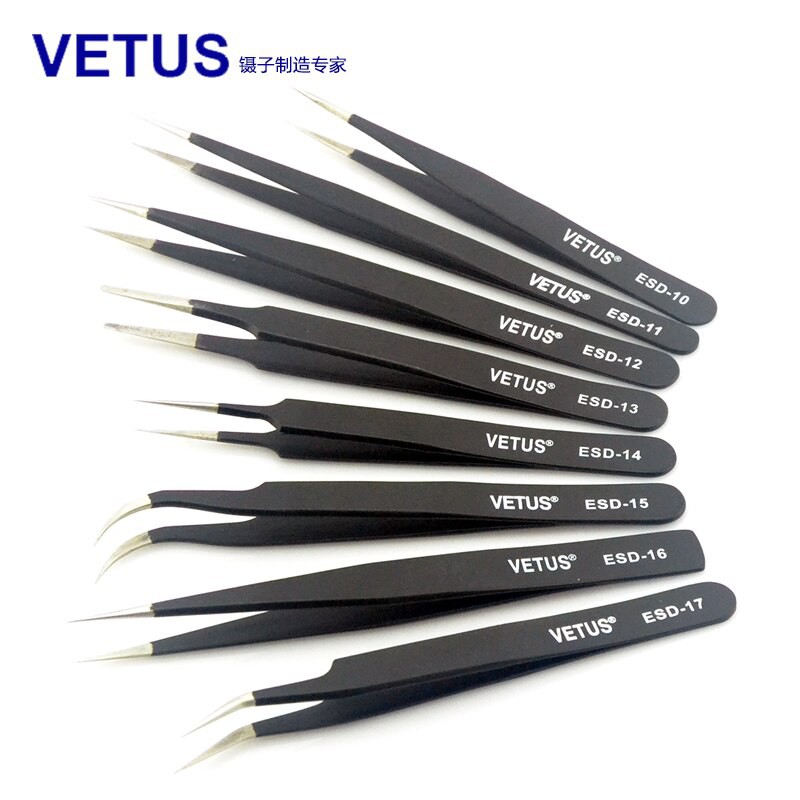 Pinset VETUS Authentic Anti-Static Tweezers Hitam Black Bengkok Lurus Teknisi Mekanik