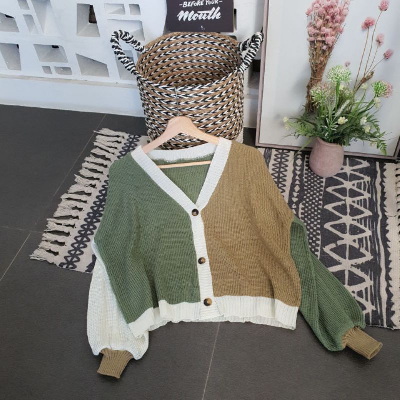 SETELAN RAJUT WANITA CARDIGAN DAN ROK PLISKET / SET 2IN1 CAEDI 3TONE ROK PLISKET