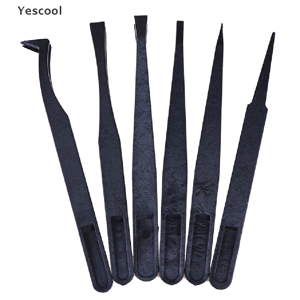 Yescool 6Pcs Pinset Plastik Hitam anti Statis Tahan Panas Untuk craft