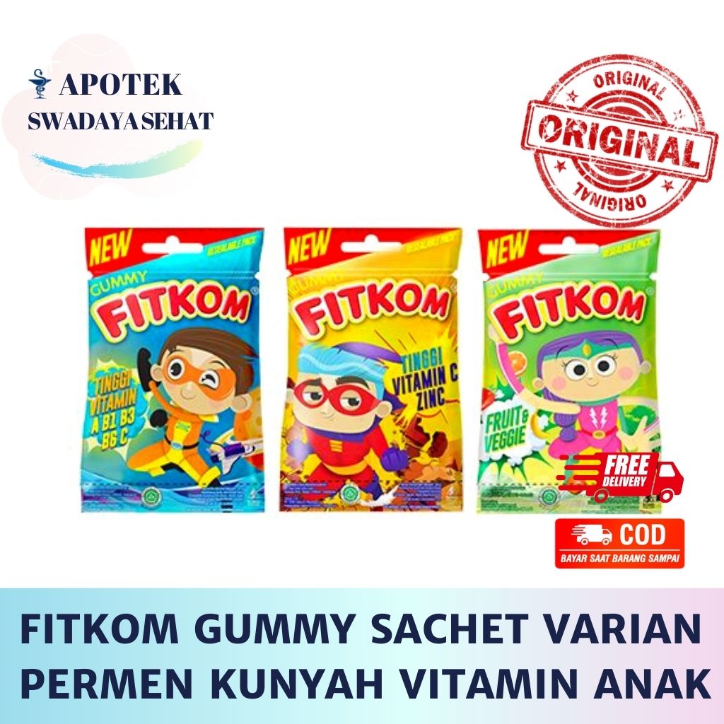 FITKOM GUMMY SACHET Rasa Fruit &amp; Veggie - Multivitamin A &amp; B - Vitamin C Zinc - Biru Kuning Hijau Satuan Permen Kunyah Vitamin Anak Mengandung Sayur Suplemen