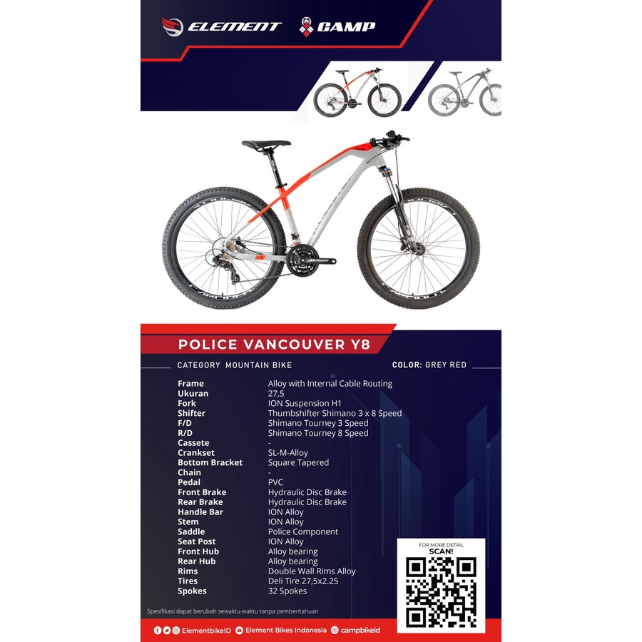 Sepeda Gunung MTB Police Vancouver Y8 24 Speed by Element New Design Police Bike Garansi SNI-Grey Red