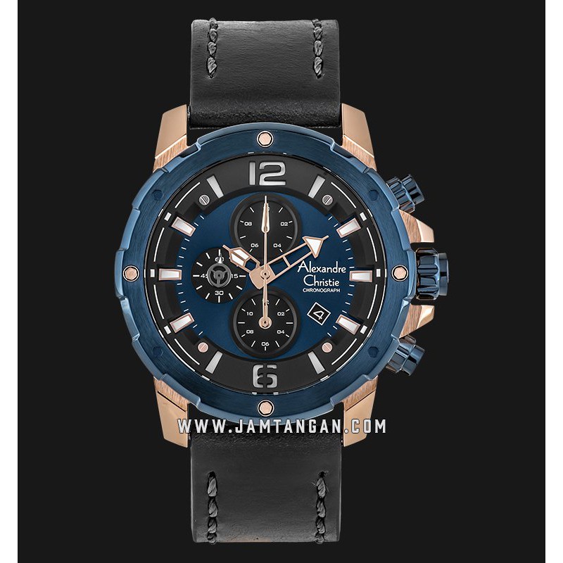 Alexandre Christie AC 6410 MC LURBU Chronograph Man Blue Dial Black Leather Strap
