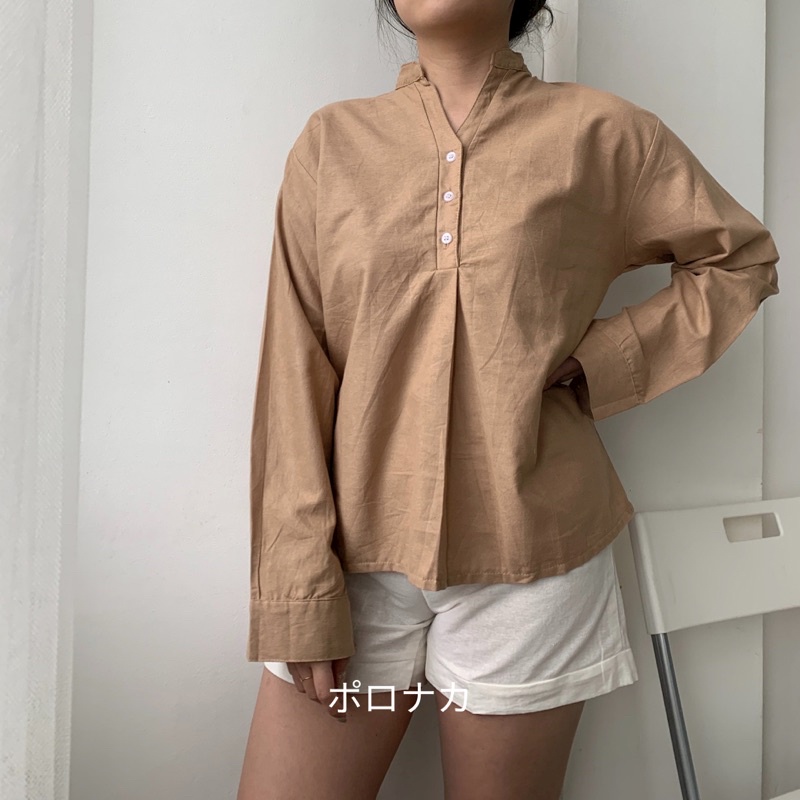 PORONAKA - MEI Linen Basic Button Top Atasan Lengan Panjang Kantor