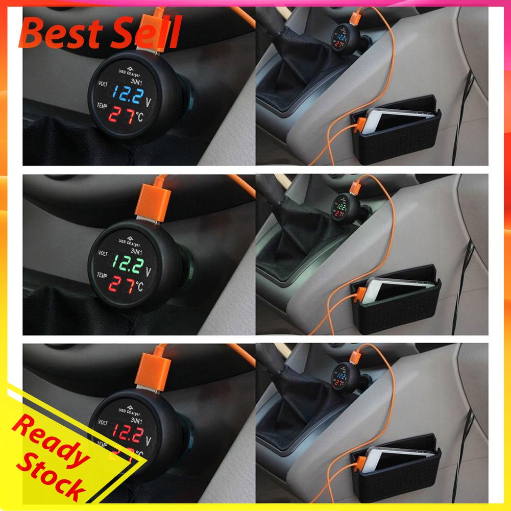 3 in 1 Voltmeter Digital LED 12 / 24V + Termometer + Charger USB