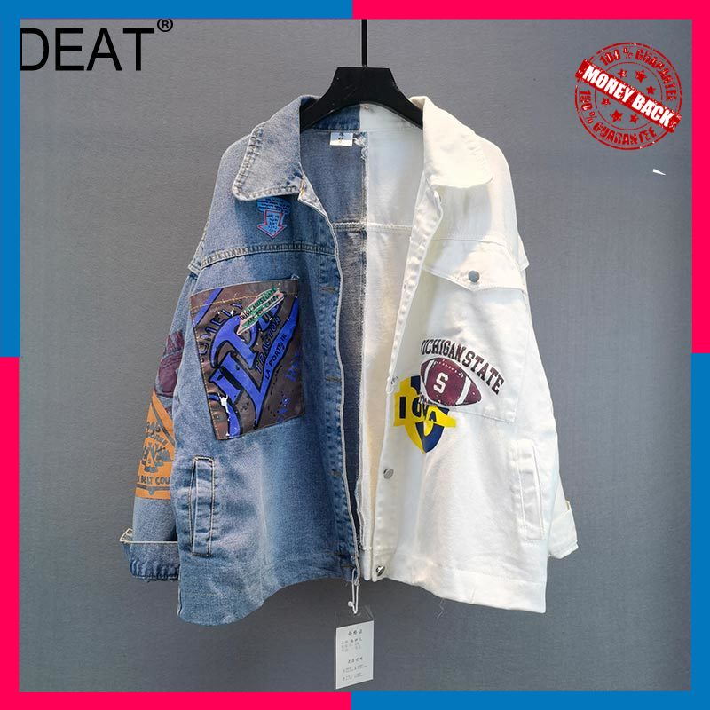 Jaket Denim Wanita Import DEAT Woman Denim Jacket Printed Hit Color Spliced Lapel Collar Long Sleeve