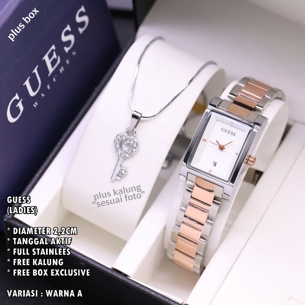 (FREE BOX) JAM TANGAN WANITA GUESS RANTAI BODY SEGI TANGGAL AKTIF FREE KALUNG